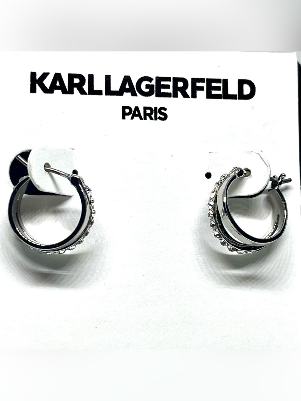 Karl Lagerfeld Silver Crystal Hoop Earrings NWT